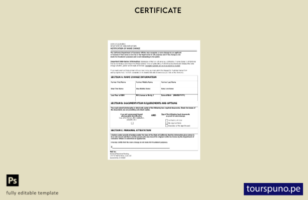 listo para imprimir plantilla de certificado de cambio de nombre del Departament